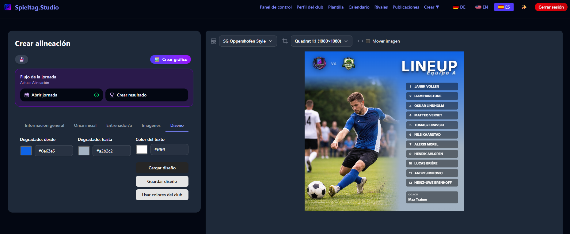 Configuración de diseño con foto de jugador