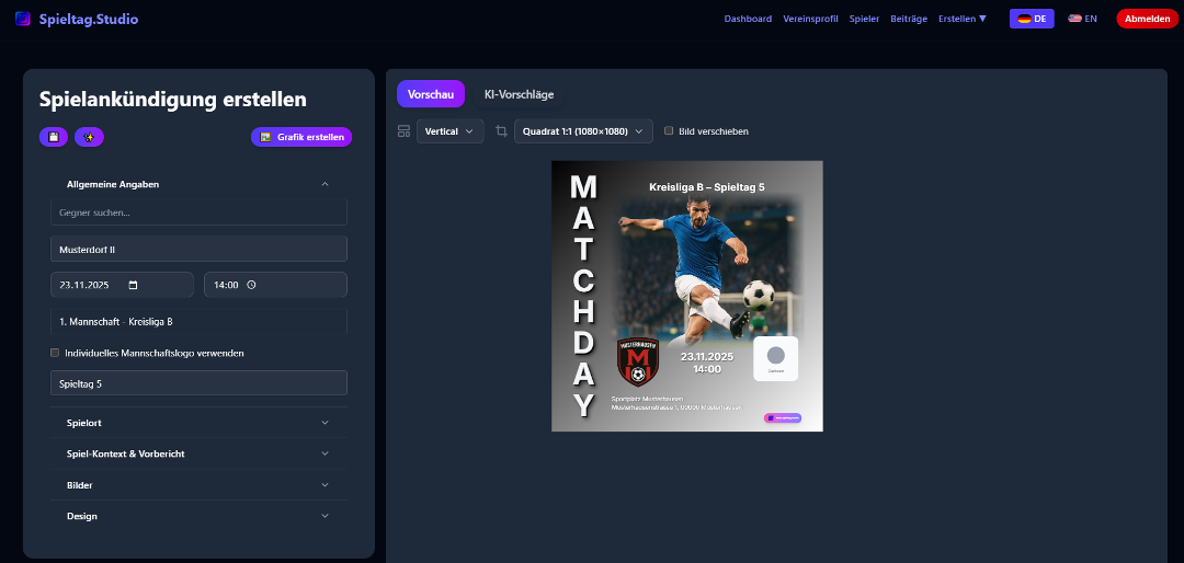 Matchday settings example