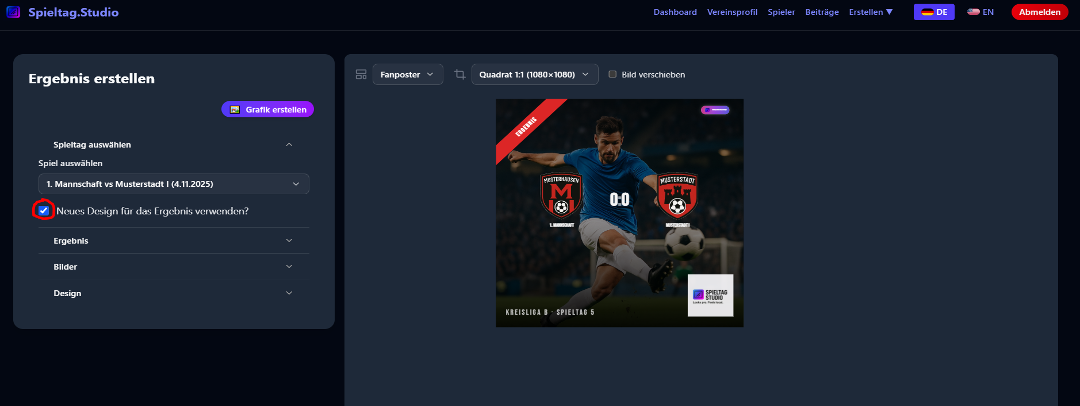Ergebnis Template Design Einstellungen
