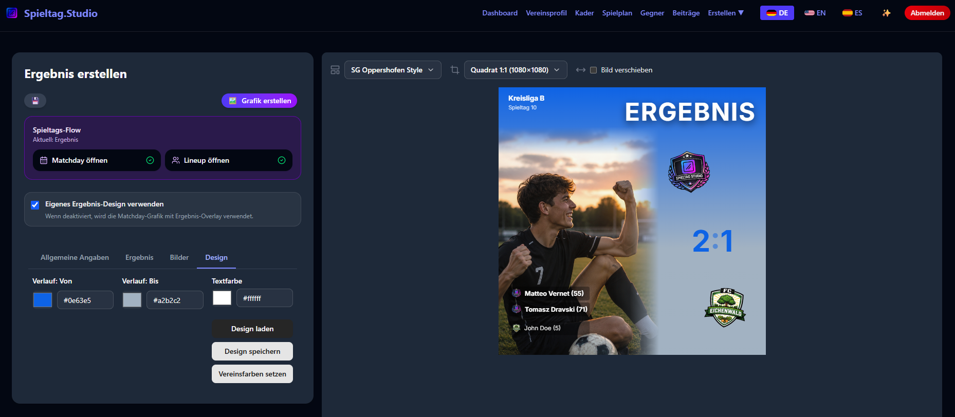 Ergebnis Template Design Einstellungen