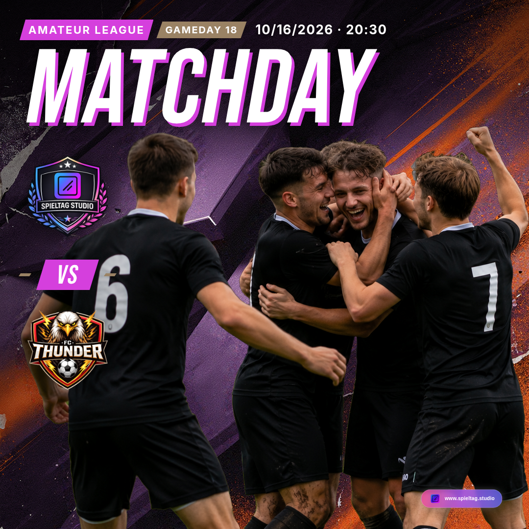 Matchday-Grafik des Demo-Vereins im Club Style: Spielankündigung gegen FC Thunder mit beiden Vereinslogos, Spieltag 18 und Anstoß um 20:30 Uhr
