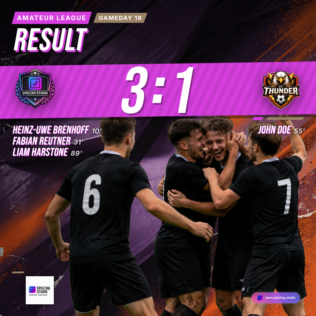 Ergebnisgrafik des Demo-Vereins im selben Club Style: Endstand 3:1 gegen FC Thunder mit Torschützen und Spielminuten